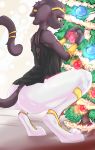  anthro black_fur bracelet breasts camisole cat christmas christmas_tree clothed clothing crown cute egyptian fan_character feline female fur gem holidays jewelry legwear mammal pantyhose ring shot_hair tiara tree woofmaple yellow_eyes 