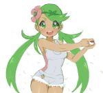  1girl flower green_eyes green_hair hair_flower hair_ornament long_hair looking_at_viewer low_twintails mao_(pokemon) nashirasauce open_mouth pink_shirt poke_ball_(generic) pokemon pokemon_sm simple_background sketch smile solo twintails white_background 