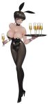  alcohol animal_ears bangs bare_shoulders black_hair black_leotard blush breasts brown_eyes bunny_ears bunnysuit champagne champagne_flute cleavage collarbone commentary_request covered_navel cup dark_skin detached_collar drinking_glass fake_animal_ears full_body high_heels highres holding large_breasts leotard lipstick looking_at_viewer makeup original pantyhose parted_lips shiny shiny_hair shiny_skin simple_background smile solo strapless strapless_leotard tied_hair tray white_background wrist_cuffs yan_wan 