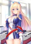  arm_at_side ascot azur_lane bangs blonde_hair blue_eyes blush braid breasts cleavage closed_mouth commentary_request cowboy_shot crossed_bangs day dress eyebrows_visible_through_hair glorious_(azur_lane) gloves hair_between_eyes hand_on_own_chest headgear highres indoors large_breasts long_hair long_sleeves looking_at_viewer machinery mutsuba_fumi rigging sash sidelocks solo standing thighs very_long_hair white_gloves window 