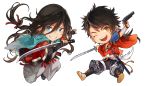  antique_firearm armor black_hair blue_eyes brown_eyes brown_hair chibi dual_wielding firearm firelock flintlock gun haori holding izumi-no-kami_kanesada japanese_armor japanese_clothes katana long_hair low-tied_long_hair male_focus multiple_boys mutsu-no-kami_yoshiyuki okki2012 sandals sarashi shoulder_armor sode sword touken_ranbu weapon 