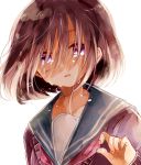  bad_id bad_pixiv_id bangs blue_sailor_collar brown_hair cardigan collarbone crying crying_with_eyes_open fingernails hair_over_eyes hand_up head_tilt highres long_hair long_sleeves looking_at_viewer naoton original parted_lips purple_cardigan purple_eyes red_neckwear sailor_collar school_uniform serafuku simple_background solo tears white_background 