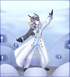  2018 anthro antlers azul_alexander candle cervine clothing coat cosplay digitalteru eyebrows hair horn kaito_(vocaloid) looking_up male mammal necktie outstretched_arms pants ponytail purple_eyes snow solo vocaloid 