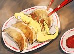  dated dumpling food godzilla_(series) hiding jiaozi koroguchi monster_in_kamata no_humans odd_one_out plate shin_godzilla solo steam twitter_username 