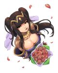  absurdres alternate_costume bare_shoulders biting black_dress black_hair breasts brown_eyes cleavage commentary dress fire_emblem fire_emblem:_kakusei fire_emblem_heroes flower from_above highres lip_biting looking_at_viewer looking_up petals ravenousruss simple_background smile solo tharja tiara wedding_dress 