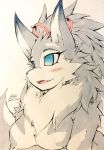  anthro blue_eyes blush breasts canine dog fur grey_fur holding_breast husky jinya lia mammal ribbons signature tuft white_fur あかばね_じん 