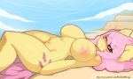  2018 alternate_species anthro areola bat_pony beach big_breasts blush breasts cloud cutie_mark darkestmbongo english_text equine erect_nipples eyebrows eyebrows_visible_through_hair eyelashes fangs female flutterbat_(mlp) fluttershy_(mlp) friendship_is_magic hair looking_at_viewer lying mammal my_little_pony navel nipples nude on_back one_eye_closed outside pink_hair pubes red_eyes seaside sky solo text thick_thighs url water 