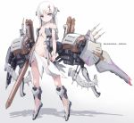  arms_at_sides bangs bare_shoulders breasts closed_mouth collarbone commentary_request eyebrows_visible_through_hair grey_footwear groin hair_between_eyes hair_ornament highres holding holding_sword holding_weapon ikaruga ikaruga_(ship) karukan_(monjya) long_hair looking_at_viewer mecha_musume personification purple_eyes revealing_clothes shadow shoes simple_background small_breasts solo standing sword tiptoes weapon white_background white_hair 