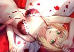  arm_up bare_arms bare_shoulders bed_sheet blonde_hair bottomless bra breasts closed_mouth collarbone dutch_angle fate/extra fate_(series) fingernails front-tie_bra green_eyes groin hand_up long_hair looking_at_viewer lying md5_mismatch medium_breasts nail_polish navel nero_claudius_(fate) nero_claudius_(fate)_(all) on_back out-of-frame_censoring petals pink_nails red_bra rose_petals sidelocks solo underwear underwear_only untied_bra yan_(nicknikg) 