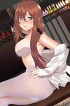  absurdres alcohol ass bad_id bad_pixiv_id blush bra breasts brown_hair commentary_request girls_frontline green_eyes gusset highres jpeg_artifacts legs long_hair looking_at_viewer m1903_springfield_(girls_frontline) no_panties pantyhose pdc solo underwear white_legwear 