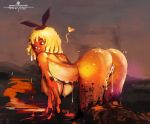  &lt;3 all_fours big_breasts black_sclera blonde_hair breasts butt detailed_background female goo_creature goo_hair hair hi_res humanoid lava looking_at_viewer looking_back not_furry orange_skin presenting presenting_hindquarters psyk323 pussy pussy_juice side_view smile solo yellow_eyes 