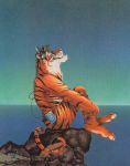  1987 anthro belt cliff david_groff fangs feline fur headphones hi_res male mammal orange_fur sea sitting solo tiger walkman water 
