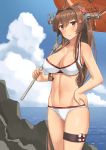  absurdres alternate_costume bikini breasts brown_eyes brown_hair cherry_blossoms cloud collarbone cowboy_shot day flower hair_flower hair_ornament hand_on_hip headgear highres holding holding_umbrella kantai_collection lifebuoy long_hair md5_mismatch navel oriental_umbrella outdoors ponytail red_umbrella sky smile solo soushou_nin standing swimsuit thigh_strap umbrella very_long_hair white_bikini yamato_(kantai_collection) 