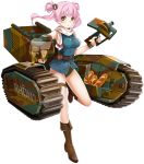  baguette belt bread breasts brown_eyes brown_footwear cannon caterpillar_tracks char_b1 char_b1_(panzer_waltz) food full_body ground_vehicle hair_ornament large_breasts military military_vehicle motor_vehicle official_art panzer_waltz personification pink_hair scarf solo tank transparent_background turret twintails 