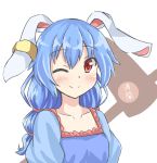  absurdres akiteru98 animal_ears blue_dress blue_hair blush bunny_ears closed_mouth commentary dress eyebrows_visible_through_hair hammer highres juliet_sleeves long_hair long_sleeves multi-tied_hair one_eye_closed puffy_sleeves red_eyes seiran_(touhou) smile solo touhou twintails upper_body 