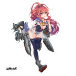  1girl 33_(mkiiiiii) blue_eyes breasts cleavage copyright_name erect_nipples full_body gun highres holding holding_gun holding_weapon impossible_clothes impossible_swimsuit large_breasts lifebuoy official_art one-piece_swimsuit ponytail porter_(warship_girls_r) red_hair remodel_(warship_girls_r) school_uniform simple_background smile solo swimsuit thighhighs turret warship_girls_r weapon white_background windforcelan 