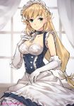  alternate_costume apron azur_lane belfast_(azur_lane) belfast_(azur_lane)_(cosplay) black_dress blonde_hair blush braid breasts chain cleavage commentary cosplay dress elbow_gloves enmaided fire_emblem fire_emblem_heroes gebyy-terar gloves green_eyes long_hair looking_at_viewer maid maid_headdress sharena simple_background smile solo very_long_hair 