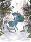  backpack bag bangs blue_dress blue_eyes blue_footwear blue_hair blunt_bangs boots cattail dress floating green_backpack green_hat hat highres holding_plant kawashiro_nitori key long_hair looking_at_viewer nature plant pocket rainbow river rock shihou_(g-o-s) skirt solo splashing touhou tree two_side_up water waterfall 