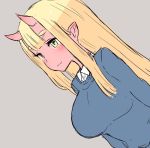  :3 bangs blonde_hair blue_sweater blunt_bangs blush breasts collared_shirt dutch_angle grey_background horns large_breasts long_hair long_sleeves malice_stella oni oni_horns original pointy_ears red_skin shirt simple_background smile solo sweater white_shirt wing_collar yellow_eyes 
