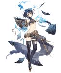  alice_(sinoalice) belt beltskirt black_hair book boots breasts brown_eyes full_body hair_ribbon halter_top halterneck ji_no looking_at_viewer midriff navel official_art pages revealing_clothes ribbon short_hair sinoalice skindentation solo tattoo thigh_boots thighhighs torn_clothes torn_legwear transparent_background underboob 