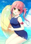  :d bangs bare_legs bare_shoulders blue_bow blue_sky blush bow brown_eyes cloud collarbone day eyebrows_visible_through_hair hair_between_eyes hair_bow hanamiya_natsuka head_tilt horizon innertube long_hair looking_at_viewer ocean one-piece_swimsuit open_mouth original outdoors pink_hair polka_dot polka_dot_innertube school_swimsuit shallow_water sitting sky smile solo swimsuit transparent twintails water yellow_innertube 