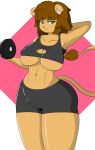  absurd_res anthro areola areola_slip blue_eyes breasts brown_fur brown_hair butt camel_toe cleavage clothed clothing dumbbell exercise eyelashes felid feline female fur hair half-closed_eyes hand_behind_head hi_res holding_object lion looking_at_viewer mammal navel nipple_bulge pantherine skimpy solo standing tonytoran under_boob weightlifting weights wide_hips workout 