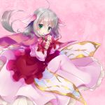  ahoge bow bowtie capelet dress flower_knight_girl green_eyes grey_hair hair_ornament kujou_mikuru layered_dress long_hair looking_at_viewer multicolored multicolored_eyes pink pink_background pink_bow pink_capelet pink_dress pink_eyes red_skirt serruria_(flower_knight_girl) skirt smile solo 