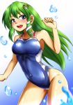  blue_swimsuit breasts competition_swimsuit d-m_(dii_emu) frog_hair_ornament green_eyes green_hair hair_ornament hair_tubes highres kochiya_sanae long_hair looking_at_viewer medium_breasts one-piece_swimsuit open_mouth smile snake_hair_ornament solo swimsuit touhou water 