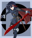  1girl absurdres belt black_hair blue_hair boots cape cosplay eyebrows_visible_through_hair fingerless_gloves fire_emblem fire_emblem:_kakusei gloves grey_background highlights highres holding holding_sword holding_weapon kibble3 kill_la_kill logo looking_at_viewer lucina lucina_(cosplay) matoi_ryuuko multicolored_hair nintendo red_hair scabbard scissor_blade sheath short_hair signature solo streaked_hair super_smash_bros. sword thigh_boots thighhighs two-tone_hair weapon 