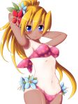  1girl arm_behind_head armpits arms_behind_head bangs bikini blonde_hair blue_eyes blue_flower blush breasts ciel_(rockman) cowboy_shot eyebrows_visible_through_hair flower hair_between_eyes hair_flower hair_ornament hand_behind_head high_ponytail long_hair looking_at_viewer medium_breasts midriff navel one-piece_tan ponytail red_flower rockman rockman_xover rockman_zero semikichi sideboob simple_background smile solo swimsuit tan tanline white_background 