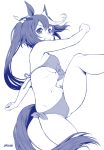  :d animal_ears bikini blue blush breasts clenched_hands hair_ornament horse_ears horse_girl horse_tail kouda_tomohiro leg_up long_hair looking_at_viewer medium_breasts monochrome multicolored_hair navel open_mouth ponytail side-tie_bikini sideboob simple_background smile solo standing standing_on_one_leg streaked_hair swimsuit tail tokai_teio twitter_username umamusume underboob white_background 