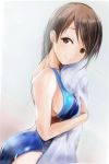  ass blue_swimsuit brown_eyes brown_hair competition_swimsuit dutch_angle idolmaster idolmaster_cinderella_girls long_hair looking_at_viewer nannacy7 nitta_minami one-piece_swimsuit solo swimsuit towel white_towel 