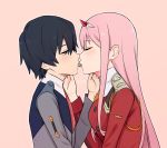  1girl bangs black_hair blue_eyes blush candy closed_eyes commentary_request couple darling_in_the_franxx eyebrows_visible_through_hair face-to-face facing_another food food_in_mouth french_kiss from_side hair_ornament hairband hand_on_another's_neck hetero highres hiro_(darling_in_the_franxx) horns k_016002 kiss long_hair long_sleeves looking_at_another military military_uniform necktie oni_horns orange_neckwear pink_hair red_horns red_neckwear sharing_food tongue tongue_out uniform white_hairband zero_two_(darling_in_the_franxx) 