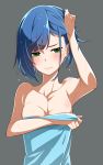  arm_up armpits bandaid bare_shoulders blue_hair blue_towel blush body_blush breasts cleavage closed_mouth collarbone commentary_request covering covering_breasts darling_in_the_franxx green_eyes grey_background hair_tucking hand_up highres ichigo_(darling_in_the_franxx) naked_towel pink_lips short_hair simple_background small_breasts solo towel upper_body wet wet_hair yamanami_kousuke 