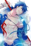  :q abs blue_hair bracelet chest chest_tattoo collarbone cosplay cu_chulainn_(fate/prototype) earrings fate/grand_order fate/prototype fate_(series) gae_bolg head_tilt holding holding_spear holding_weapon igote jewelry lancer lancer_(cosplay) long_hair male_focus necklace nishi_juuji polearm ponytail red_eyes shirtless simple_background single_bare_shoulder smile solo spear tattoo tongue tongue_out upper_body weapon white_background 