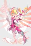  amakusa_(hidorozoa) armored_boots black_dress blonde_hair blue_eyes boots closed_mouth dress fingerless_gloves floating gloves hair_between_eyes heart high_heel_boots high_heels holding horns long_hair looking_at_viewer mercy_(overwatch) overwatch pink_mercy pleated_dress short_dress smile solo staff standing standing_on_one_leg twintails 