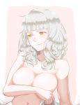  blush breasts carmilla_(fate/grand_order) closed_mouth commentary_request covering covering_breasts embarrassed fate/grand_order fate_(series) fumafu highres looking_to_the_side medium_breasts navel nude pink_background short_hair silver_hair solo upper_body yellow_eyes 