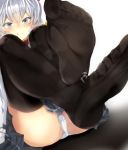  1girl admiral_(kantai_collection) alicemagic between_toes black_hair black_legwear blue_eyes blush epaulettes feet giantess gloves gradient gradient_background grey_background grey_jacket grey_skirt hair_between_eyes highres jacket kantai_collection kashima_(kantai_collection) legs long_sleeves looking_at_another no_shoes panties pleated_skirt see-through short_hair silver_hair sitting size_difference skirt smile soles striped striped_skirt thighhighs toes tongue tongue_out underwear white_gloves white_panties 
