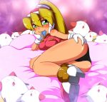  1girl arm_support bare_arms bare_legs bare_shoulders black_panties blonde_hair blush bodystocking breasts capcom chin_rest ciel_(rockman) condom condom_in_mouth eyebrows_visible_through_hair gloves green_eyes hair_between_eyes hand_on_ass hand_on_own_ass hand_on_own_cheek headgear high_heels high_ponytail large_breasts legs_together long_hair looking_at_viewer looking_to_the_side on_bed on_side panties ponytail rockman rockman_zero semikichi shiny_skin shoes smile solo white_gloves 