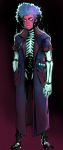  animated_skeleton black_background blue_clothing blue_hair bone clothing cybernetics cyborg eyeshadow eymbee front_view full-length_view glowing glowing_eyes gradient_background hair hi_res humanoid hybrid jacket machine makeup not_furry open_mouth pink_background ray_(eymbee) simple_background skeleton solo thick_lips undead 