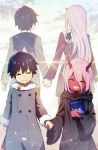  1girl ^_^ bad_id bad_pixiv_id book closed_eyes coat commentary couple darling_in_the_franxx dual_persona eyebrows_visible_through_hair fingernails fur_trim grey_coat grin hair_between_eyes happy highres hiro_(darling_in_the_franxx) holding holding_book holding_hands hoshizaki_reita long_hair long_sleeves oni oni_horns picture_book pink_hair purple_hair red_horns red_skin revision robe sharp_fingernails sharp_teeth signature smile spoilers standing teeth winter_clothes winter_coat younger zero_two_(darling_in_the_franxx) 