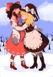  2girls absurdres ankle_boots bangs bare_shoulders bare_tree black_footwear black_hair blonde_hair bloomers blue_neckwear blush body_blush boot_bow boots bow breasts checkered checkered_legwear cloud daitoko detached_sleeves eyebrows_visible_through_hair eyes_closed fingernails full_body fur-trimmed_boots fur_trim hair_bow hair_ribbon hair_tubes hakurei_reimu hat hat_bow hat_ribbon height_difference high_heel_boots high_heels highres kirisame_marisa large_bow long_hair long_skirt long_sleeves looking_at_another medium_breasts medium_hair messy_hair multiple_girls one_eye_closed outdoors pantyhose pinstripe_legwear red_eyes red_footwear ribbon ribbon-trimmed_sleeves ribbon_trim scarf skirt skirt_set smile snow thick_eyebrows touhou tree underwear vest wavy_hair wide_sleeves witch_hat yuri 