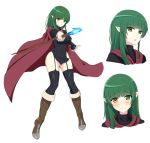  black_legwear blush boots braid brown_eyes brown_footwear cape capelet character_sheet full_body garter_straps green_eyes green_hair heterochromia long_hair looking_at_viewer navel nekopanch0852 pointy_ears red_cape simple_background staff standing thighhighs thighs 