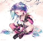  1girl bare_shoulders bikini_top black_gloves blue_hair boots braid bullet cherry_blossoms elbow_gloves fingerless_gloves food gloves jinx_(league_of_legends) league_of_legends long_hair mismatched_footwear mismatched_gloves pink_eyes short_shorts shorts single_elbow_glove single_knee_boot sitting small_breasts smile solo tattoo thigh_strap thighhighs tongue tongue_out twin_braids very_long_hair 