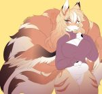  2018 angel anthro big_breasts blonde_hair bottomless breasts canine cleavage cleavage_cutout clothed clothing clothing_lift female fox fur hair keyhole_turtleneck mammal matchapaw multi_tail nipple_bulge orange_fur purple_eyes shirt shirt_lift simple_background slightly_chubby solo standing sweater thick_thighs tongue tongue_out watermark white_fur wings yellow_background 