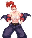  baggy_pants banchou bare_shoulders belt belt_buckle black_belt breasts buckle collarbone commentary feet_out_of_frame floating_hair grin hair_between_eyes hands_in_pockets jacket large_breasts legs_apart long_hair long_sleeves looking_at_viewer navel nipples off_shoulder original pants ponytail purple_eyes purple_jacket purple_pants red_hair red_jacket sarashi shu-mai simple_background smile solo standing stomach tomboy undone_sarashi v-shaped_eyebrows white_background yankee 
