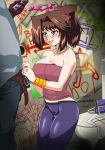  1girl bare_shoulders bathroom belly belly_piercing belt blue_eyes blush bracelet breasts brown_hair cellphone cleavage clenched_teeth clothes_removed erect_nipples graffiti groin high_ponytail highres indoors large_breasts legs lips lipstick looking_at_another mazaki_anzu naughty_face navel navel_piercing pantyhose piercing ponytail purse red_lips ring skirt_removed smile solo_focus standing strapless straw_(yokubou_hiroba) tattoo tattooed_breast thighs toilet undressing unzipped yu-gi-oh! yuu-gi-ou_duel_monsters 