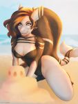 beach blue_eyes breasts clothing female fish marine non-mammal_breasts one-piece_swimsuit sand_castle sculpture seaside shark swimsuit vigdis 