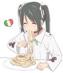  black_hair blush closed_mouth eating food food_on_face fork francesca_lucchini hair_ribbon heart italian_flag long_hair long_sleeves momiji7728 neck_ribbon pasta ribbon solo spaghetti strike_witches twintails world_witches_series 