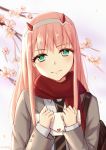  aqua_eyes artist_name bag bangs cherry commentary_request darling_in_the_franxx eyebrows_visible_through_hair floral_background food fruit grey_jacket hairband head_tilt highres holding_letter horns jacket kumei letter long_hair looking_at_viewer love_letter necktie pink_hair pink_lips red_horns red_scarf scarf school_bag school_uniform shirt signature solo striped striped_neckwear white_hairband white_shirt zero_two_(darling_in_the_franxx) 